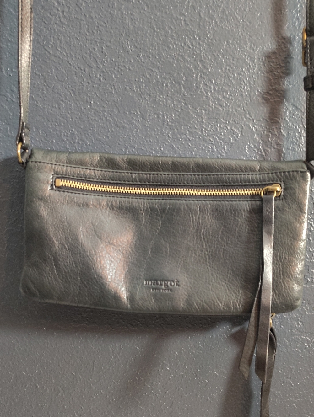 margot Black Leather Wallet Clutch with Embossed Logo